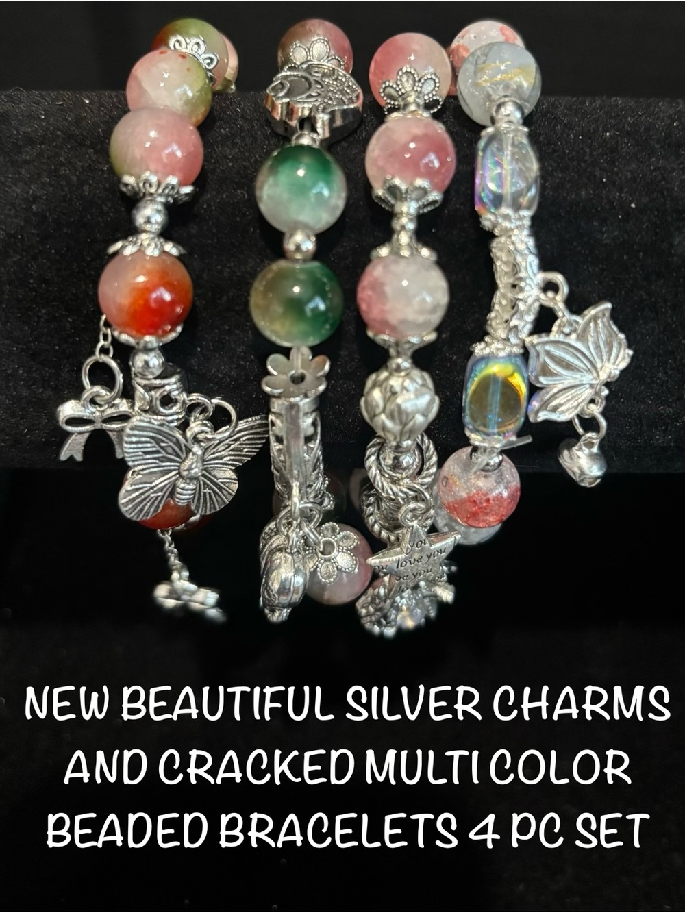 Gorgeous Silver Charm Multi-Color Beaded Bracelets 4pc Set
